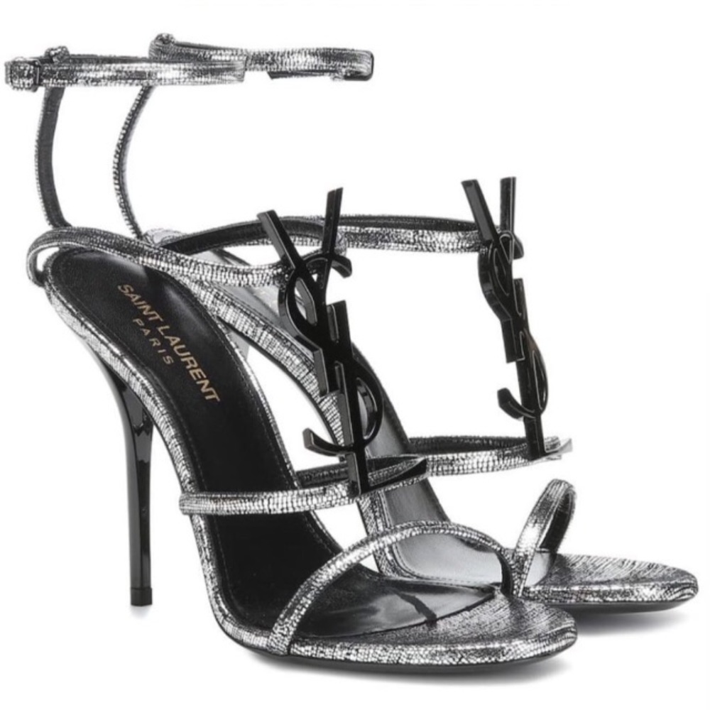 Saint Laurent Cassandra Heels In Metallic Silver Cracked Metal Leather Size 39.5 - Picture 2 of 14